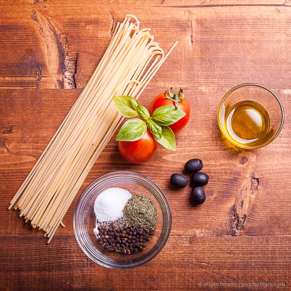 Ingredients: yield 4 Spaghetti, Tomatoes, Olives, Extra-Virgin Olive Oil, Salt & Pepper Ingredients