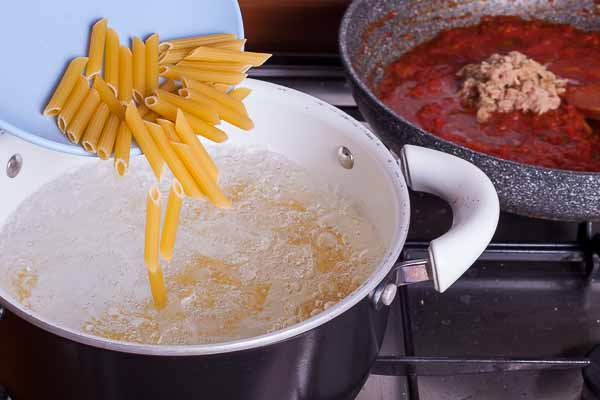 Once the water boils throw the penne in... Once the water boils throw the penne in...
