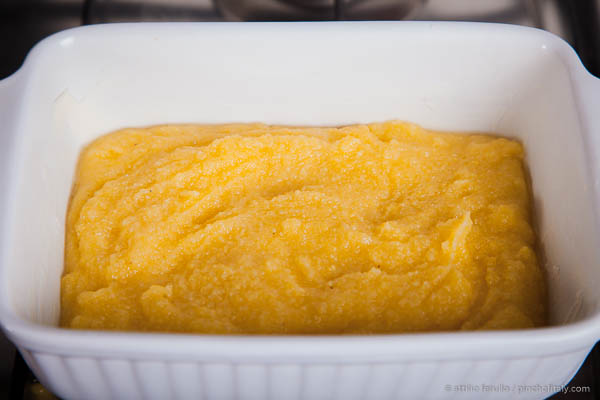Cover the bottom with the first layer of soft polenta... Cooking Dish