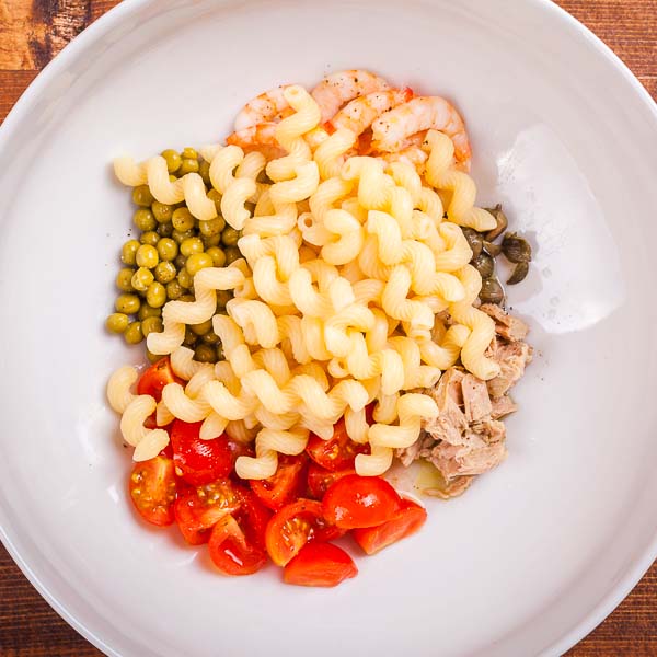 Pasta salad bowl with shrimps and tuna...