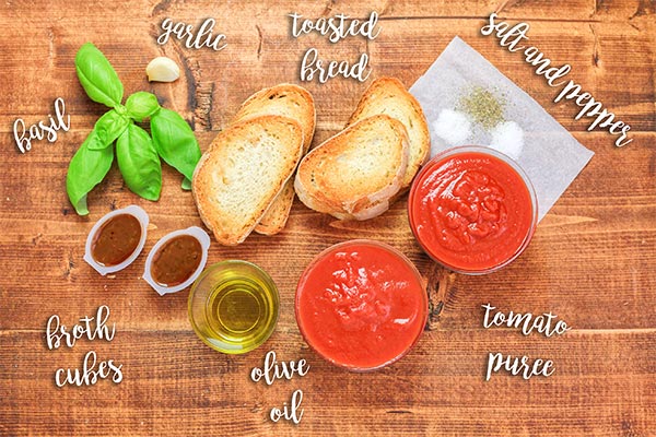 Ingredients: Garlic, Toasted Bread, Vegetable Broth, Olive Oil, Tomatoes Puree, Salt & Pepper... Ingredients
